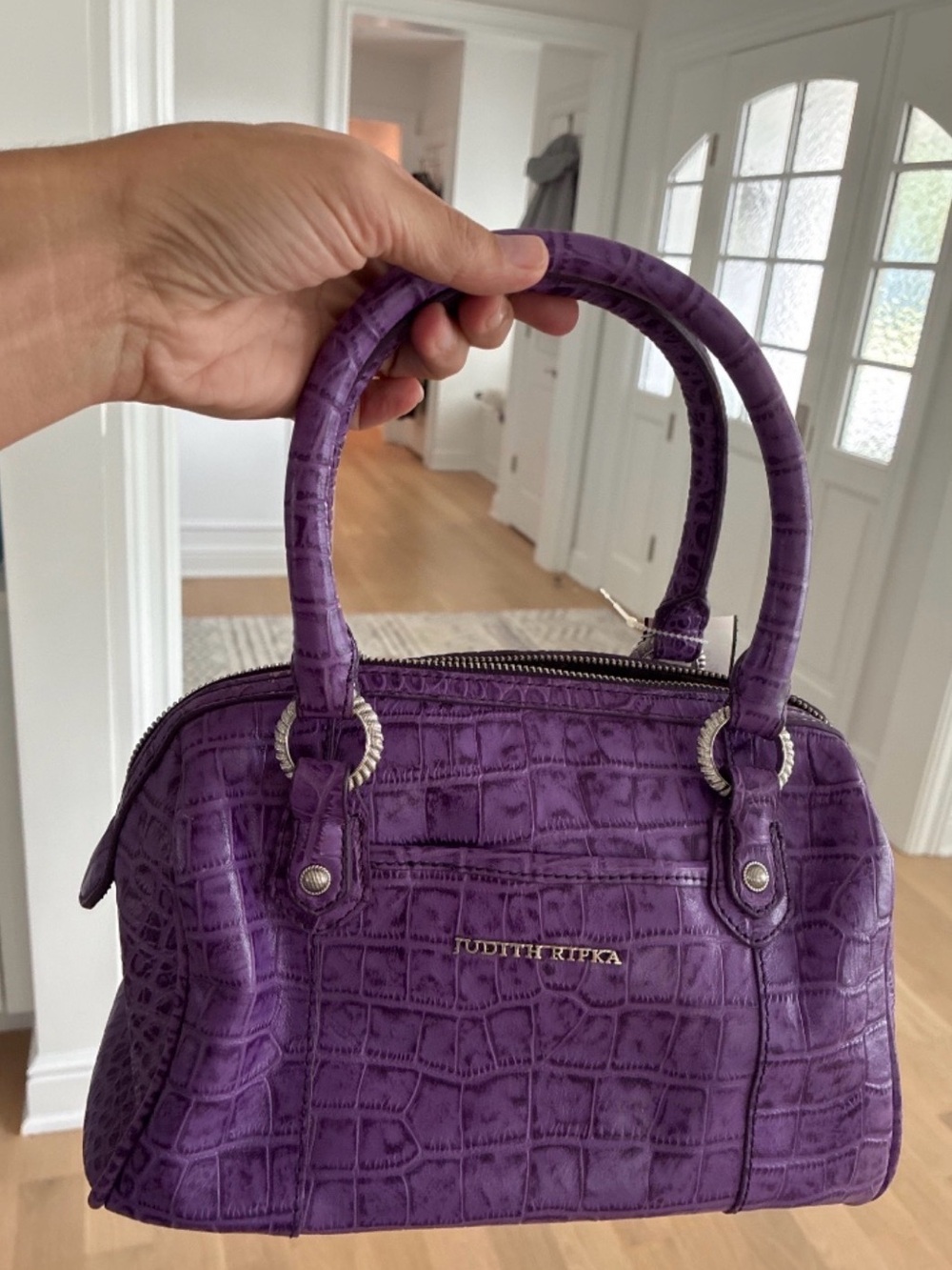 Luxury Judith Ripka 100% Leather Purple Crocodile Bag Jewelry Hardware